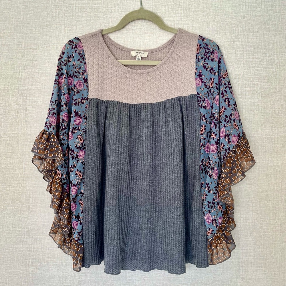 Umgee Feminine Eclectic Designed Top with Multiple Fabrics and Prints, S…